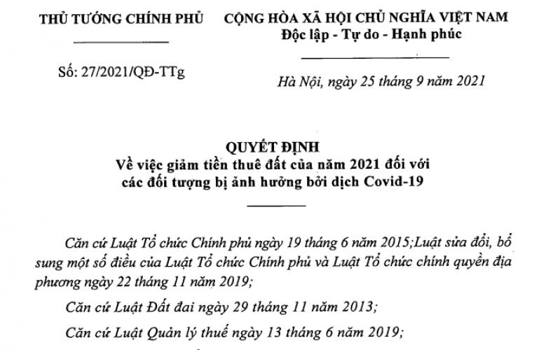 Quyết Định 27/2021 / Qđ-Ttg: Giảm 30% Tiền Thuê Đất Năm 2021 Cho Nhiều Đối Tượng